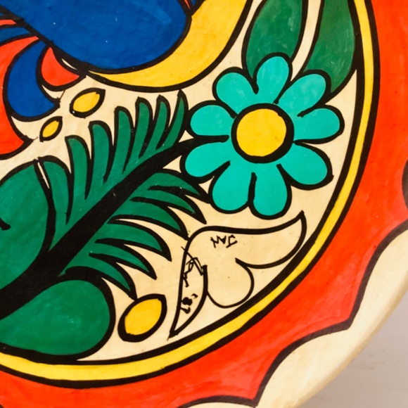 Mestizo Folk Art Tonala Mexican Hand painted Platter Florals Bird Ixtapa 1987 - Picture 4 of 14